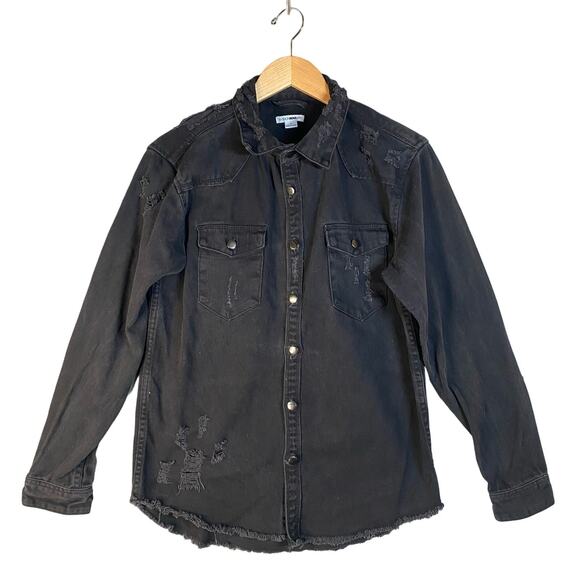 Fashion Nova Distressed Denim Shirt Jacket Mens Black Long Sleeve Button Up - Picture 1 of 13